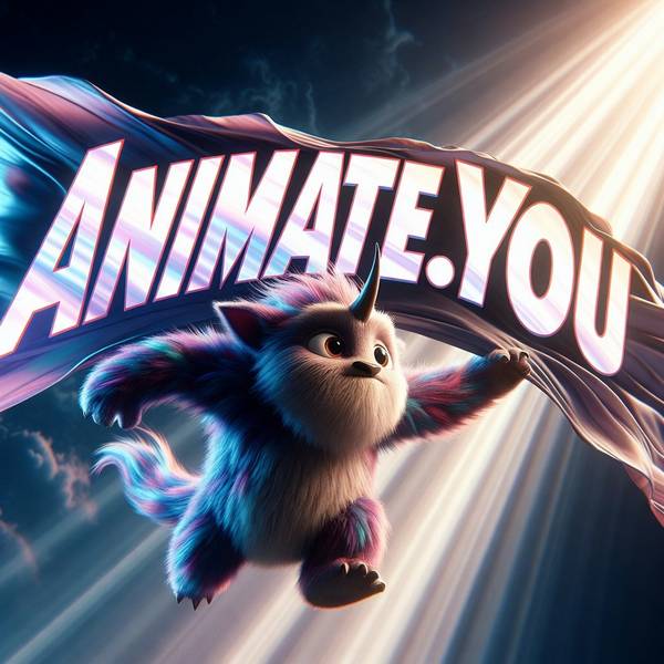 Fuzzy creature flying with animate.you banner