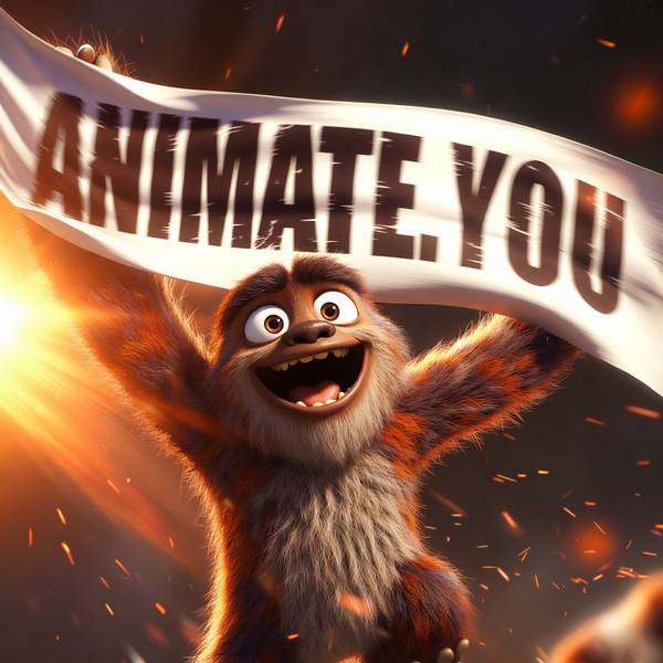 Blue creature holding animate.you sign